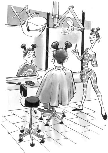 [Billede: Her ses en tegning af en frisr som lige har klippet en kunde. Kunden sidder i frisrstolen og ser meget overrasket ud p grund af den nye frisure.]