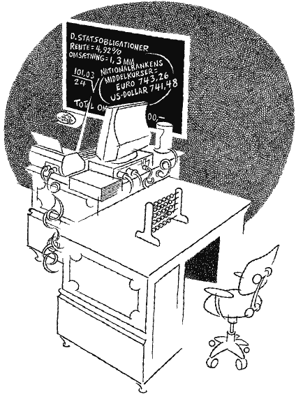 [Billede: Her ses en tegning af et skrivebord med en kugleramme, og et skrivebord med computer og printer.]