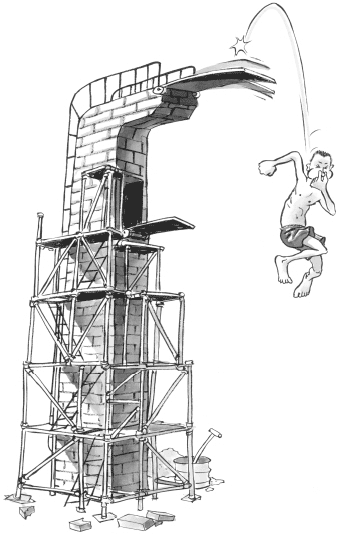 [Billede: Her ses en tegning af en dreng der springer ud fra et stillads]