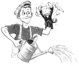 [Billede: Her ses en tegning af en dreng der str med en vandkande og en dukke]