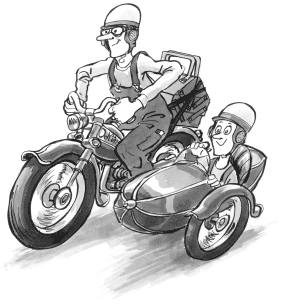 [Billede: Her ses en mand p en motorcykel med en dreng i sidevognen]