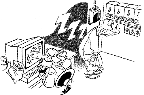 [Billede: Her ses en tegning af en sovende håndværker, og en dreng ved en PC]