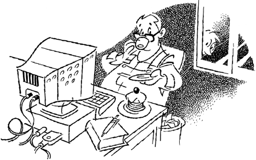[Billede: Her ses en tegning af en mester, sidder og får kaffe og kage.]