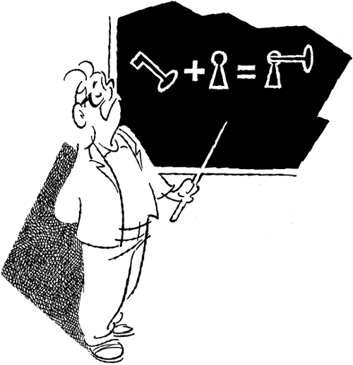 [Billede: Her ses en tegning af en lærer, der står og underviser ved en tavle.]