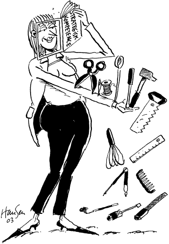 [Billede: Her ses en tegning af en kvinde. Op af hendes arm vandrer forskelligt værktøj.]