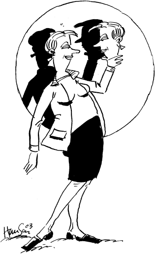 [Billede: Her ses en tegning af en lærer der står og kigger på sit eget ansigt, som hun står og holder i hånden.]