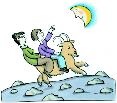 [Billede: Her ses en tegning af to børn der rider på en ged.]