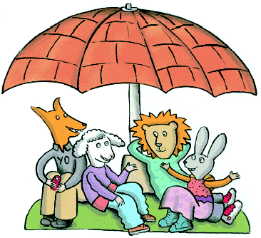 [Billede: Her ses en tegning af en ræv, et får, en løve og en kanin, der sidder og taler sammen under en parasol. Dyrene er blevet tildelt menneskelige egenskaber, så de ligner skoleelever.]