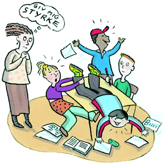 [Billede: Her ses en tegning af en gruppe urolige skoleelever. Ved siden af står en fortvivlet lærerinde.]