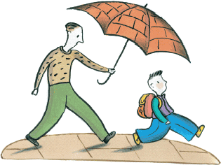 [Billede: Her ses en tegning af en mand, der går og holder en paraply over en dreng.]