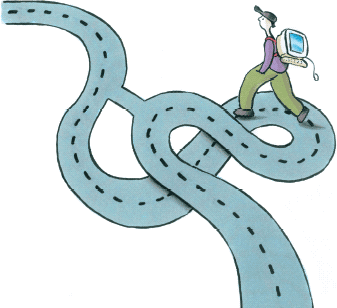 [Billede: Her ses en tegning af en person, som går ud af en snoet vej med en computer på ryggen.]