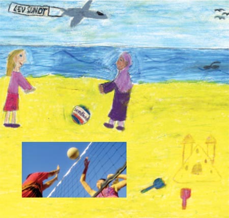 Tegning: Børn som leger på en strand samt Foto: To der spiller Beachvolley