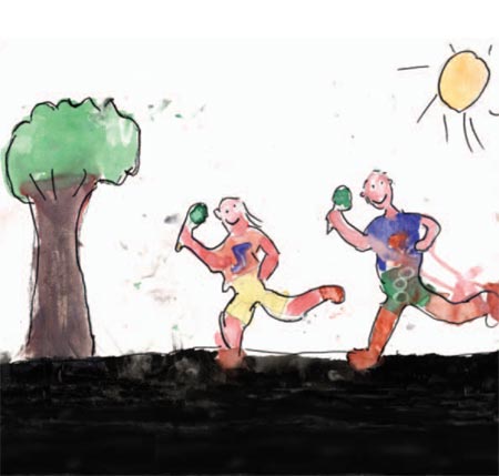 Tegning: Dreng og pige løber i naturen