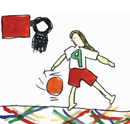 Tegning: Pige spiller basketball