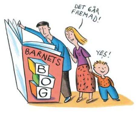 Illustration: Forældre kigger i "barnets bog"