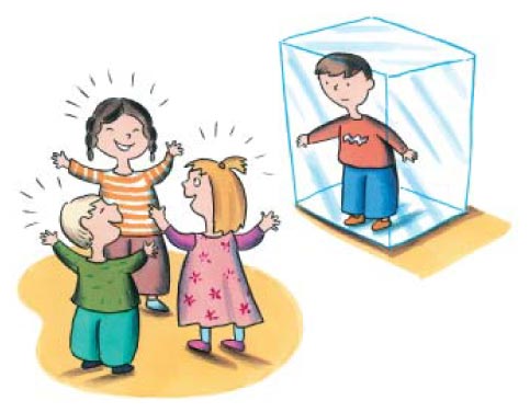 Illustration: Dreng står alene i glaskube og kigger på tre andre børn, der leger