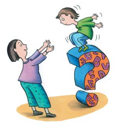 Illustration: Mor skal til at gribe barn, som hopper ned fra et stort spørgsmålstegn