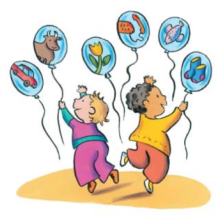 Illustration: To børn leger med balloner med illustrationer på