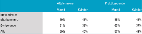 [Billede: Her ses tabel 6.2, der viser kønsfordeling for aftalehavere og praktiksøgende fordelt efter oprindelse, opgjort i 1998.]