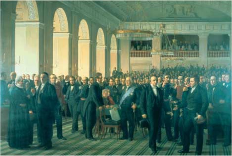 Carl Christian Constantin Hansen: Den grundlovgivende rigsforsamlings første møde i Rigsdagssalen på Christiansborg Slot den 23. oktober 1948. 1860