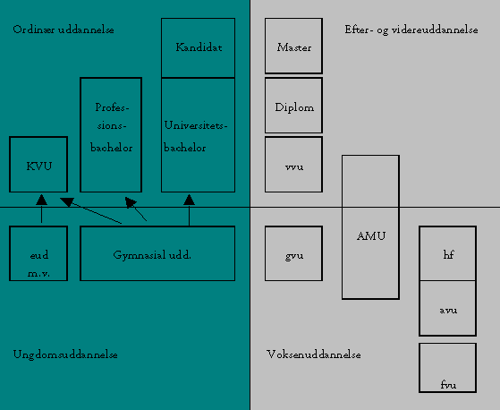 Figur 2.1.2 Det ordinære uddannelsessystem sammenholdt med videreuddannelsessystemet for voksne – 2004